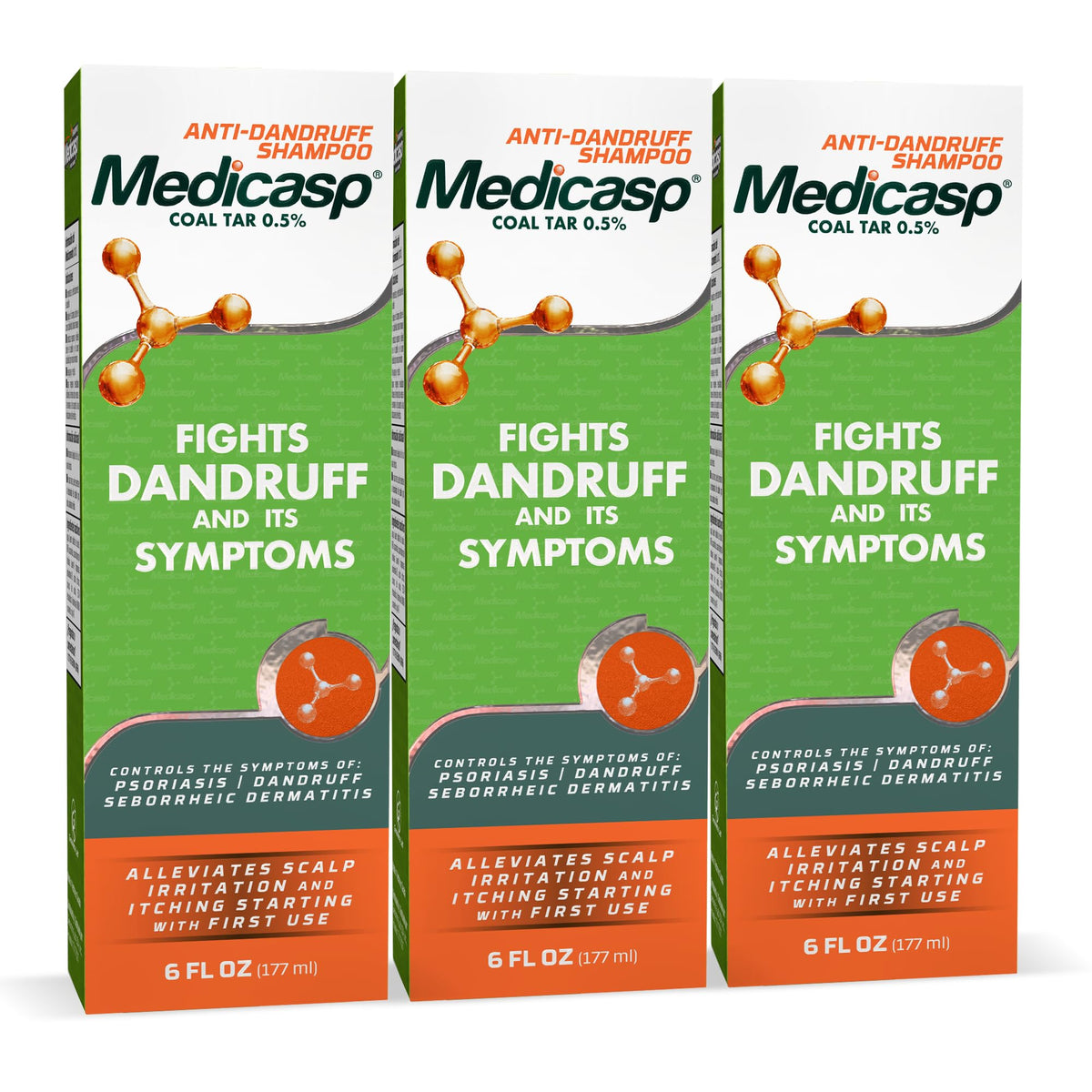 Medicasp Coal Tar Shampoo bottle front—relief from dandruff symptoms.