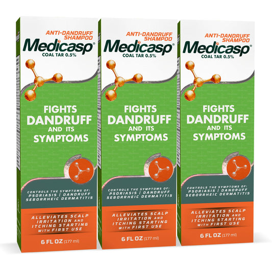 Medicasp Coal Tar Shampoo bottle front—relief from dandruff symptoms.