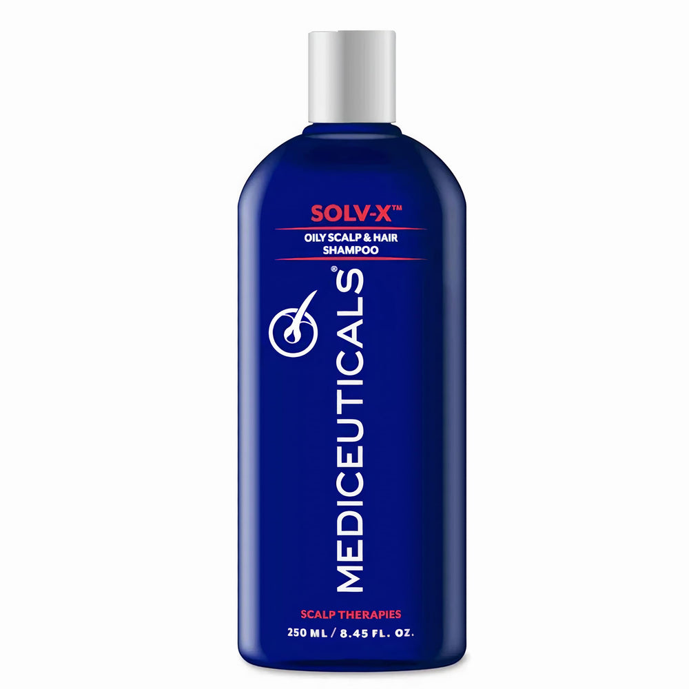 Mediceuticals Solv-X Shampoo bottle front showing a lightweight formula that helps oily hair.