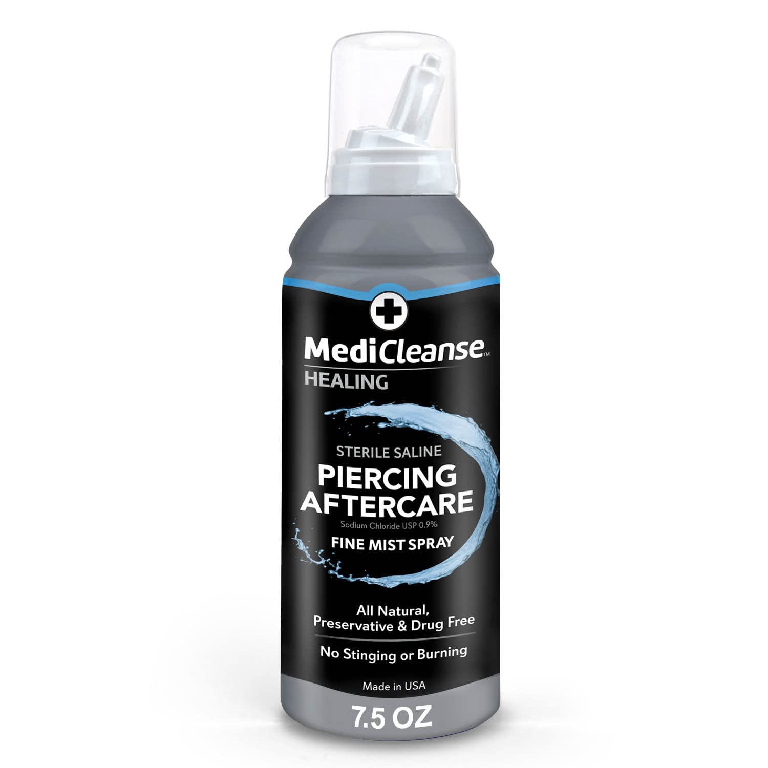 MediCleanse sterile saline fine mist on a piercing for gentle cleansing.