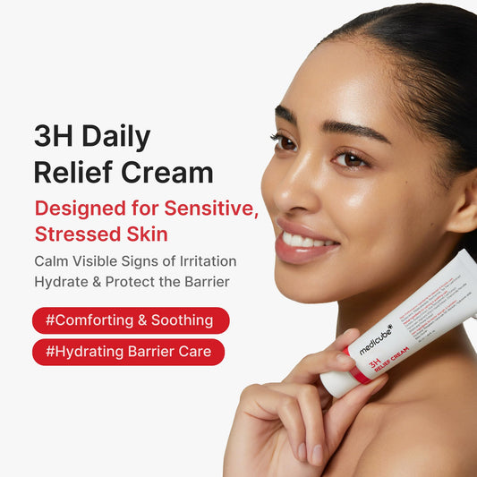 Medicube 3H Daily Relief Cream tube in use highlighting gentle, non-sticky finish