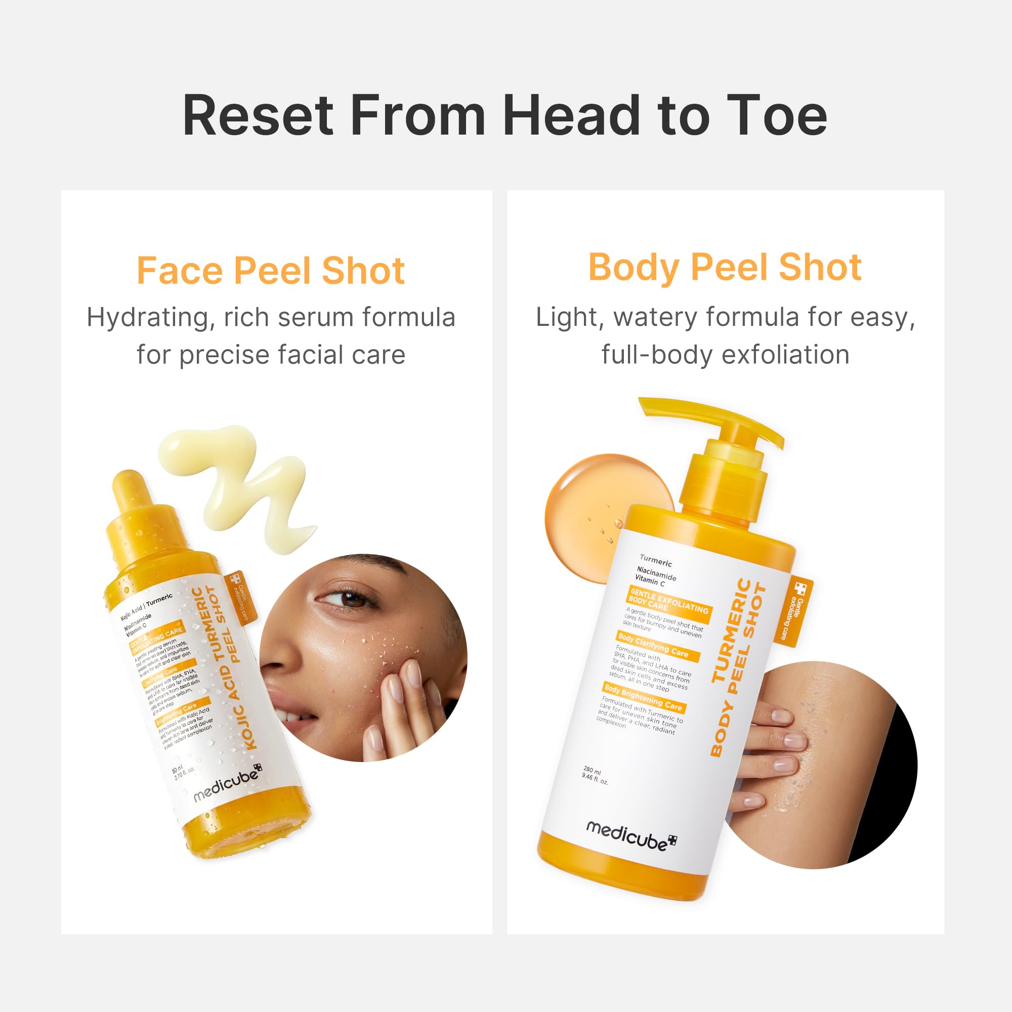 Medicube Body Peel Shot Turmeric bathroom scene shows smooth skin after use.