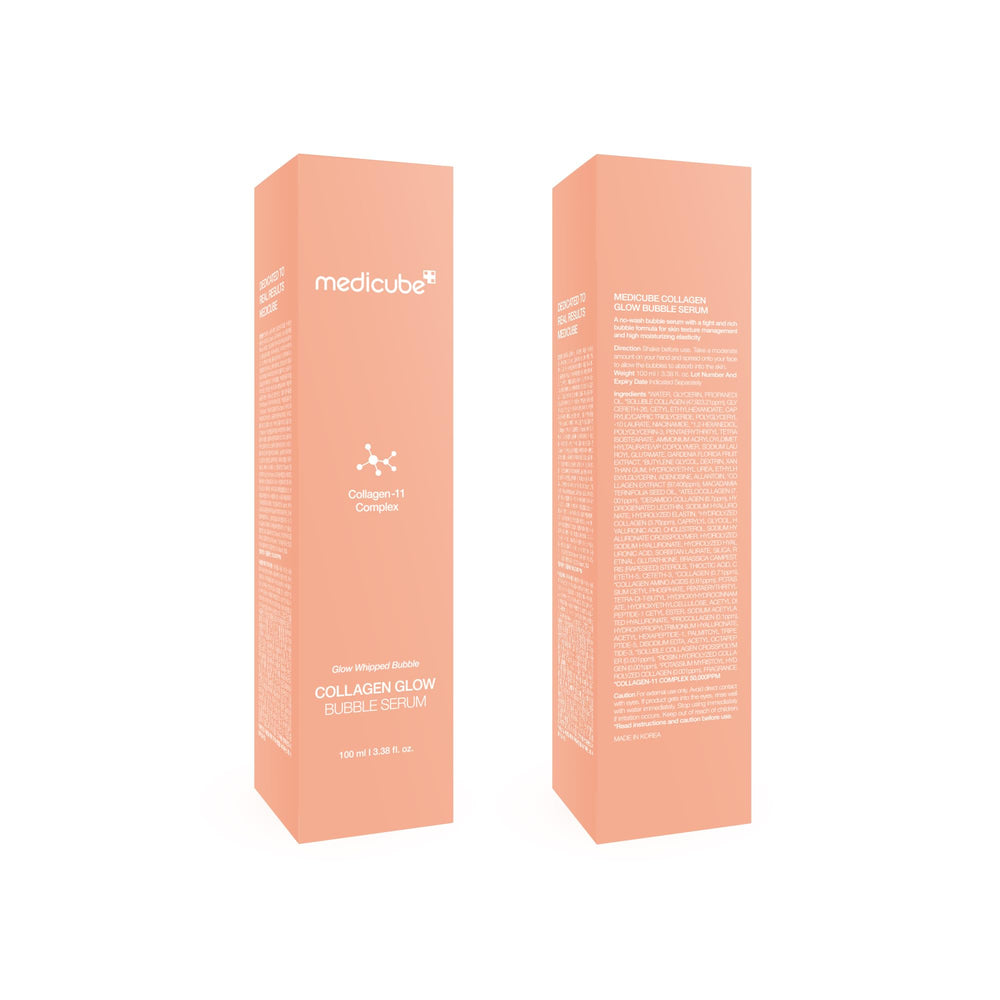 Medicube Collagen Glow Bubble Serum 100 ml bottle on display with glow