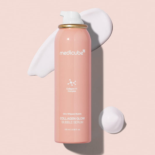 Medicube Collagen Glow Bubble Serum palm application showing mousse texture for quick absorption