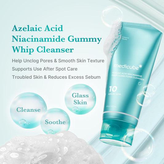 Medicube azelaic acid cleanser foam transforming into creamy lather for pore refinement.