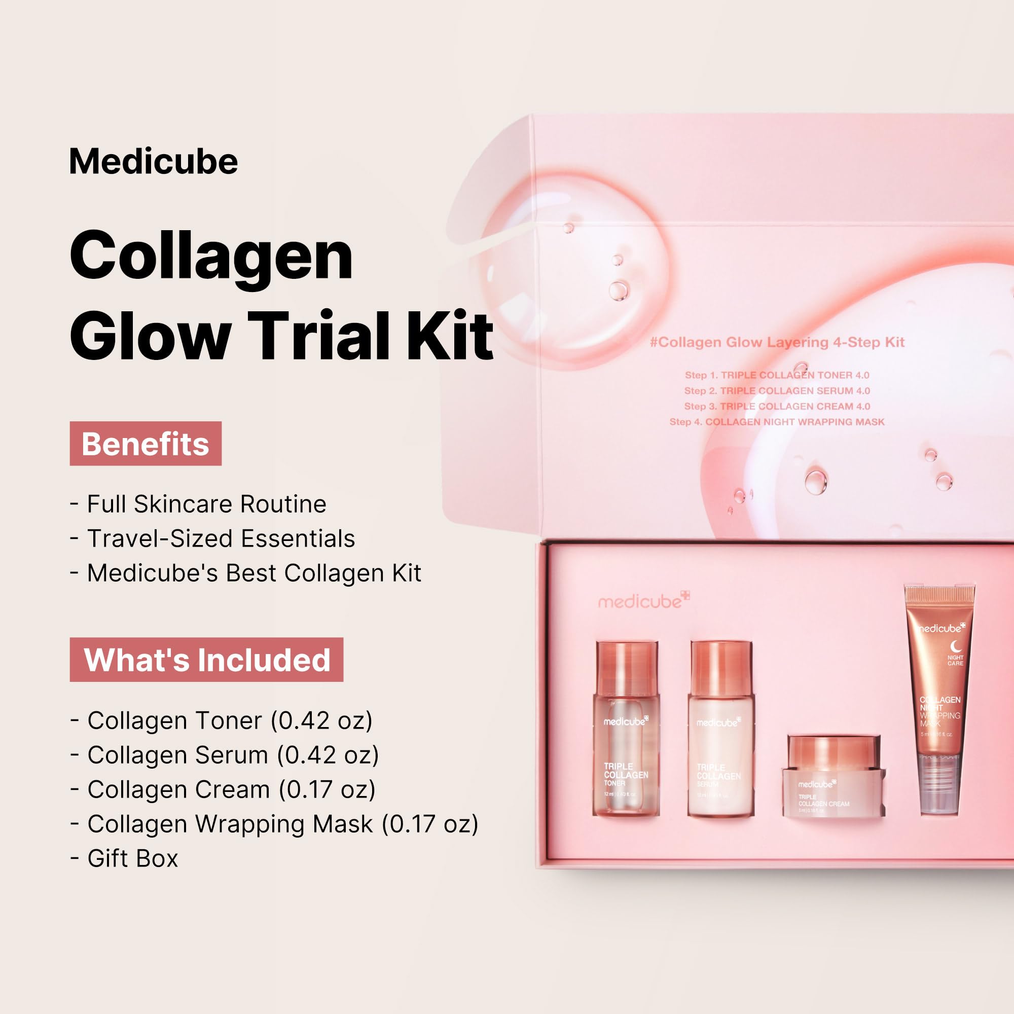 Medicube Glass Skin Collagen Trial Kit serum bottle highlights radiance and moisture.