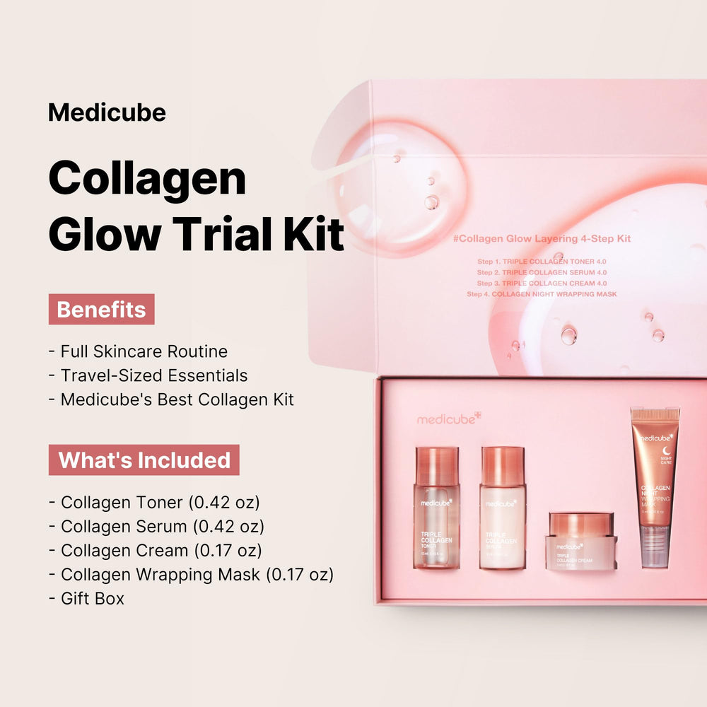 Medicube Glass Skin Collagen Trial Kit serum bottle highlights radiance and moisture.