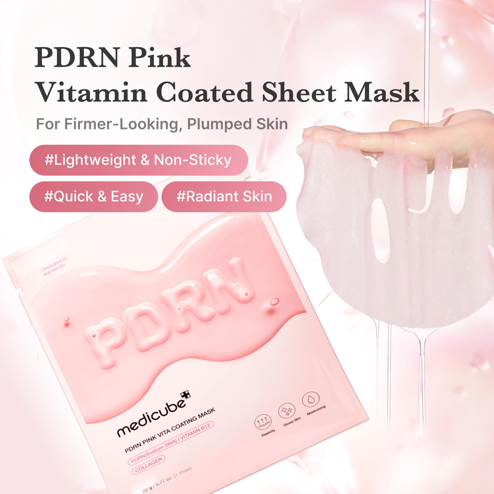 Medicube glass skin result with pink coating sheet mask.