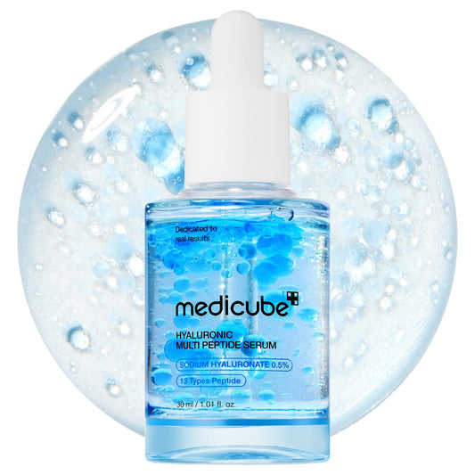 Medicube Hyaluronic Multi Peptide PDRN Serum bottle showing lightweight hydration for all skin types