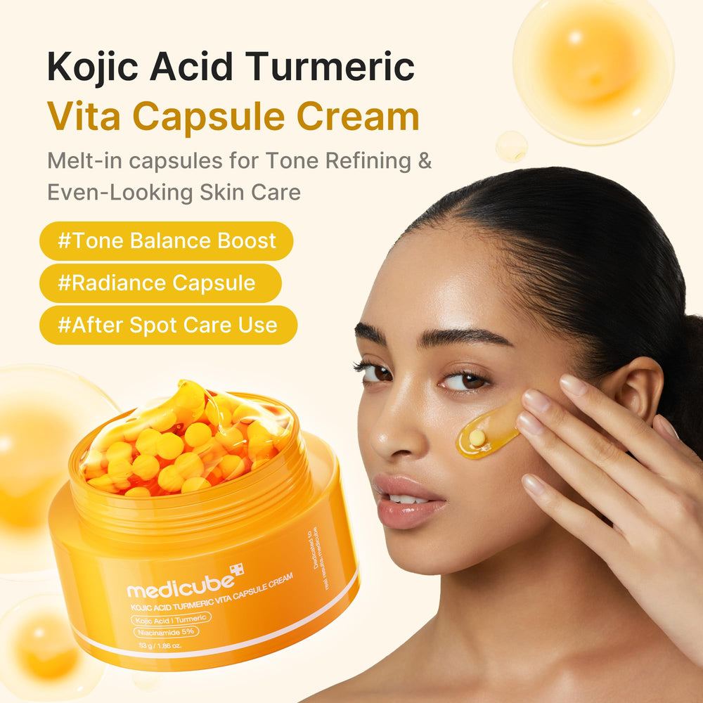 Close-up of Medicube kojic acid capsules for targeted tone care.