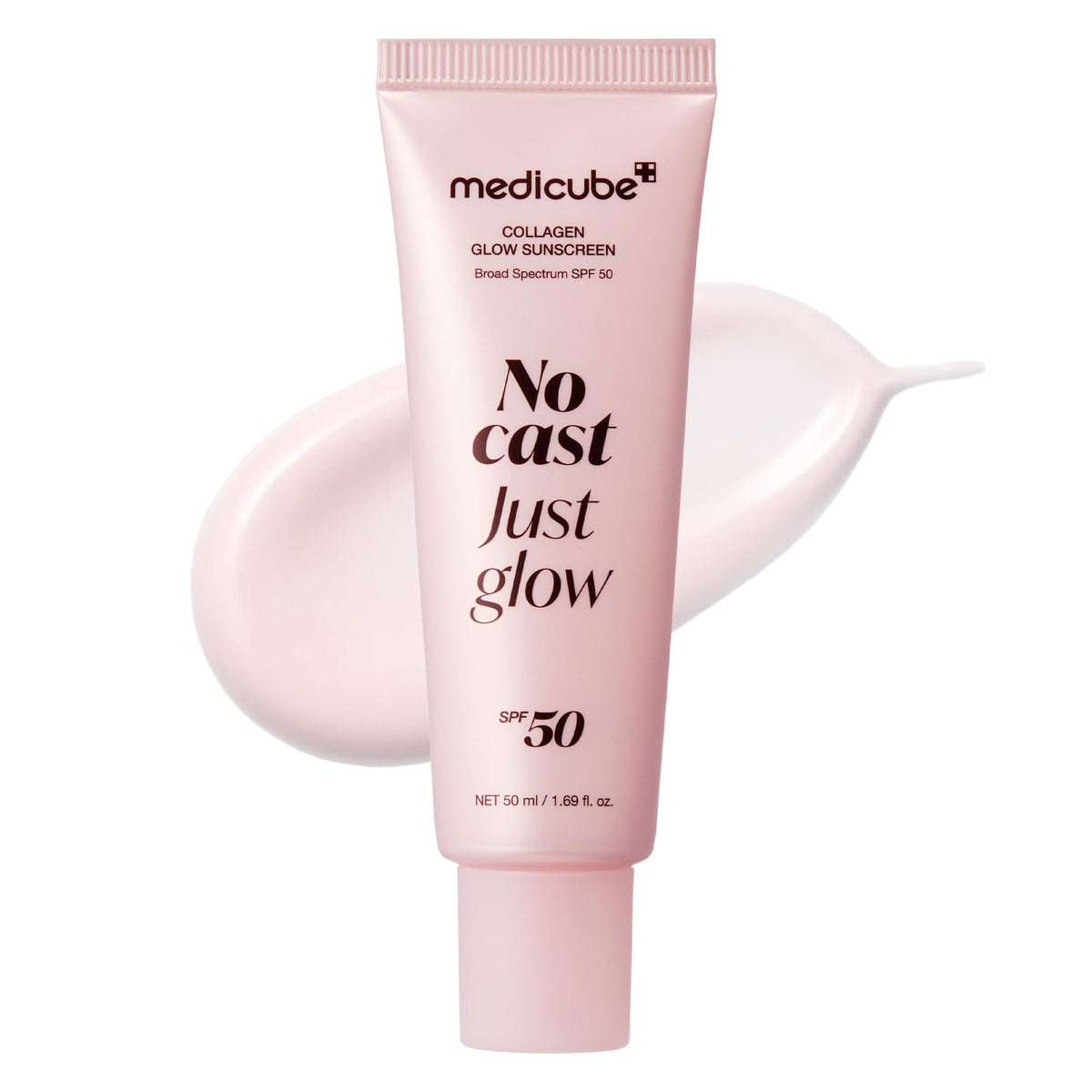 Medicube No Cast Just Glow sunscreen bottle showing lightweight SPF 50 protection for daily use.