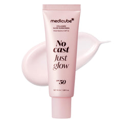 Medicube No Cast Just Glow sunscreen bottle showing lightweight SPF 50 protection for daily use.