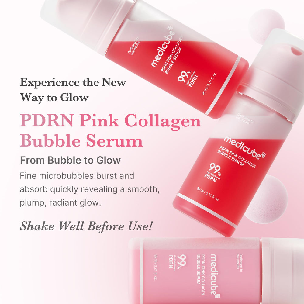 Medicube PDRN Pink Collagen Bubble Serum bottle closeup highlights fast absorption.