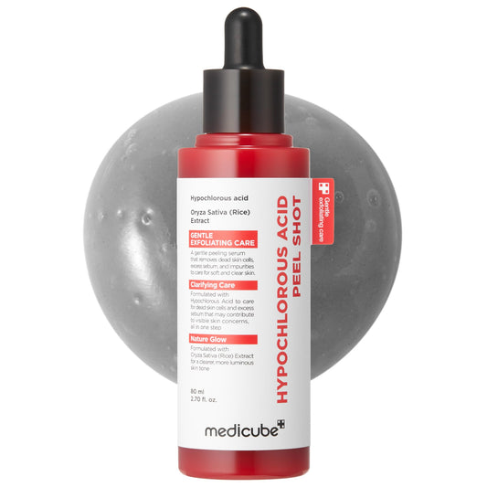 Medicube Peel Shot bottle closeup shows gentle exfoliation and soothing feel.