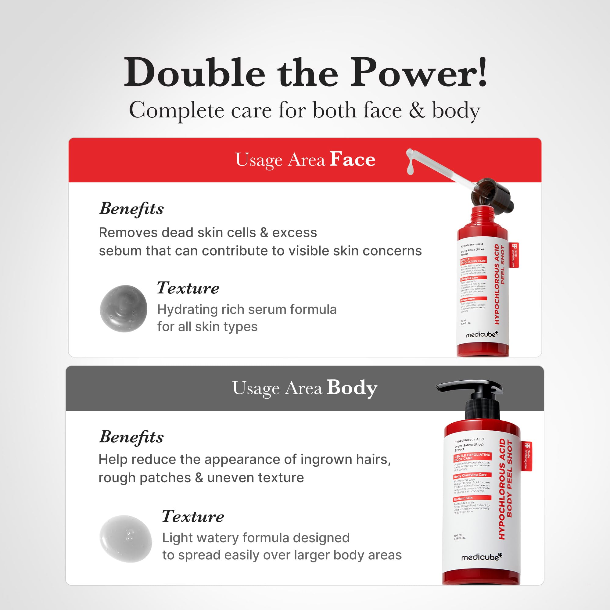 Medicube Peel Shot panthenol hydration feature shown on skin.