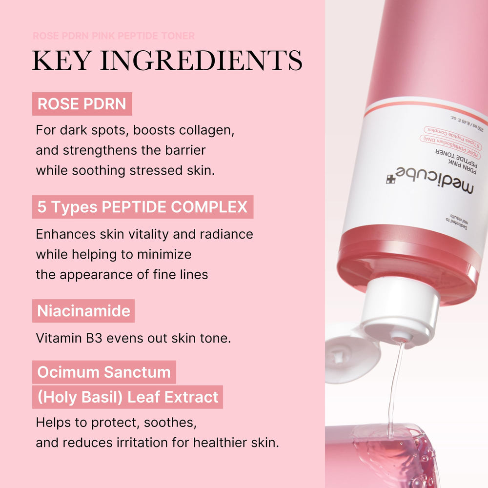 Medicube Rose PDRN Toner swirl texture highlights lightweight hydration.