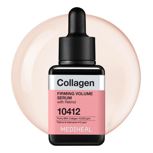 Mediheal Collagen Firming Serum bottle suggests plump, hydrated skin.