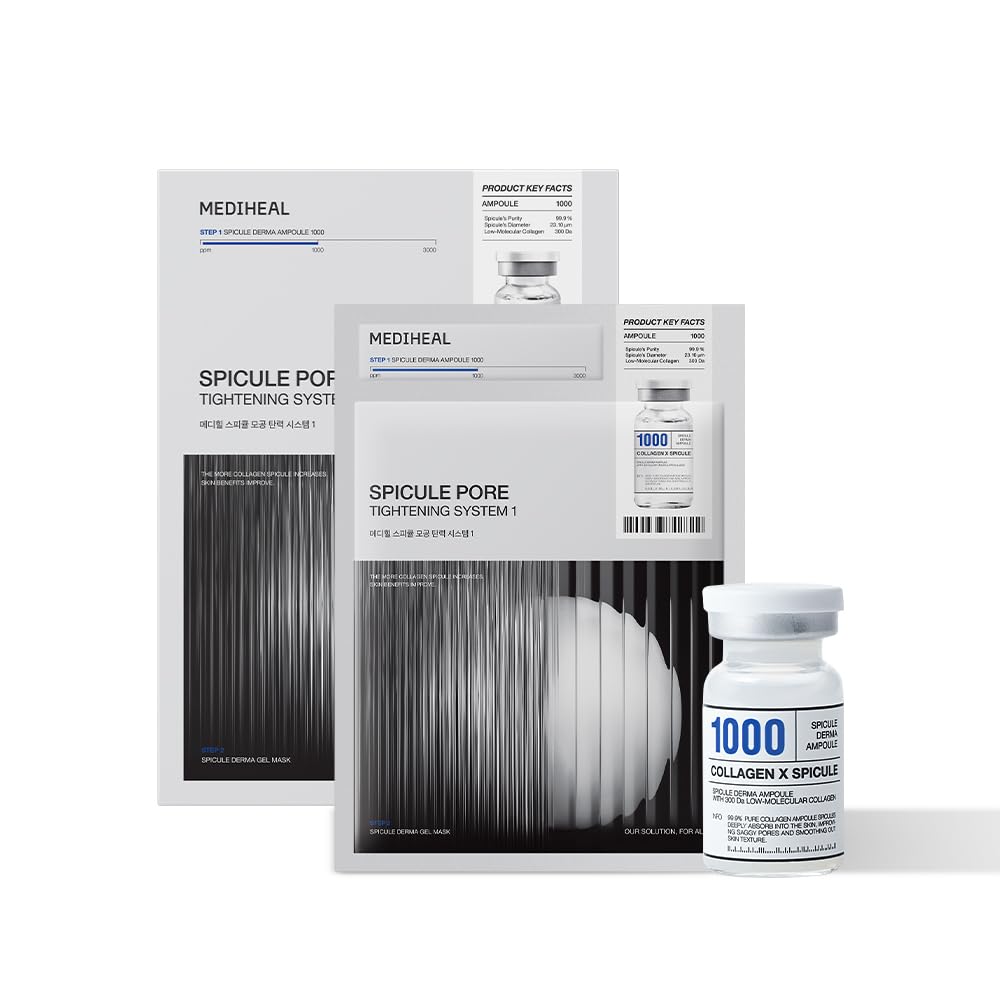 Mediheal collagen spicule ampoule bottle for pore care and texture improvement.