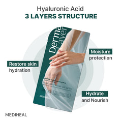 Mediheal Derma Layer Hand Mask with aloe vera and chamomile for soothing care.
