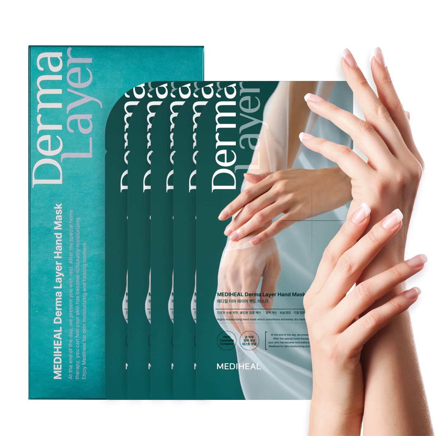Mediheal Derma Layer Hand Mask pack shows hydration for dry hands.