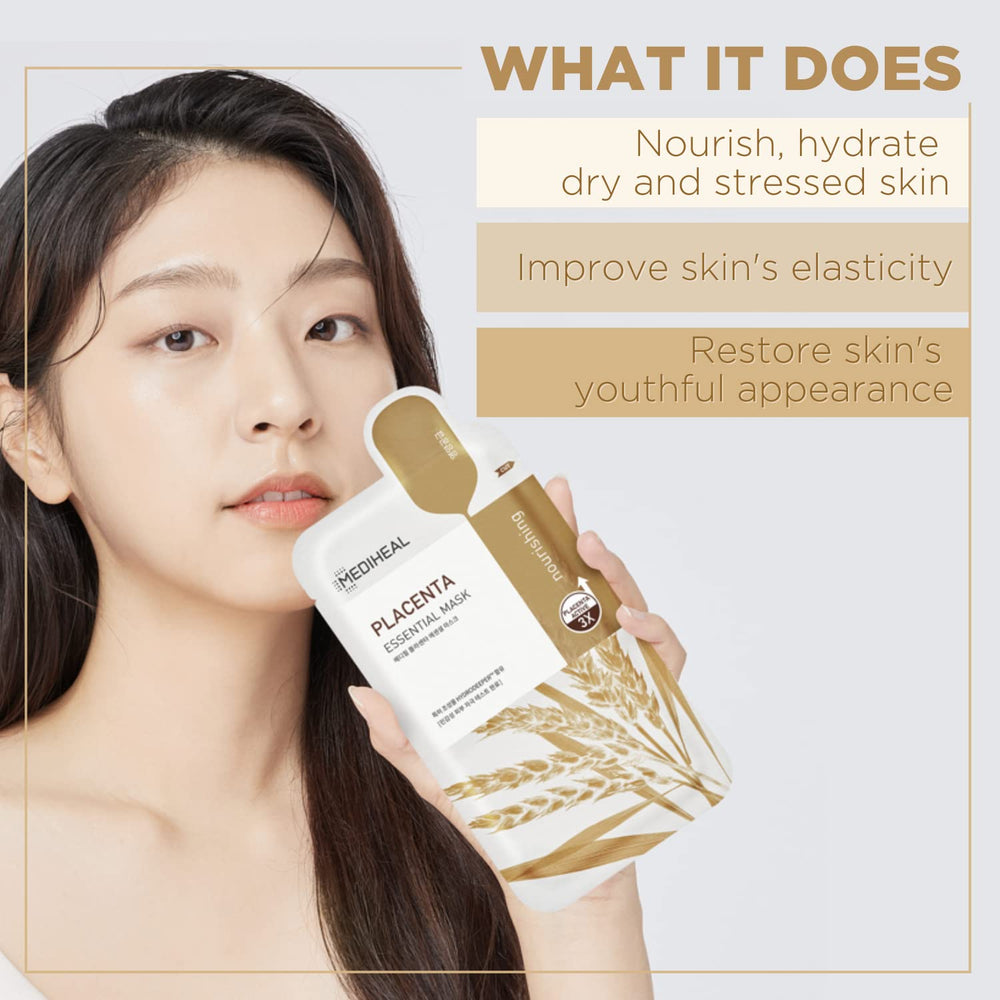 Mediheal Placenta sheet mask on face ready for hydration.