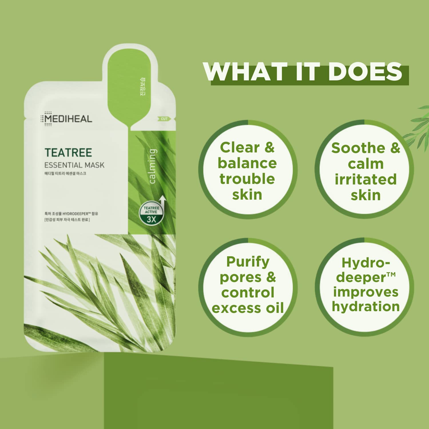 Mediheal Tea Tree Face Mask packaging front emphasizes soothing, balancing hydration