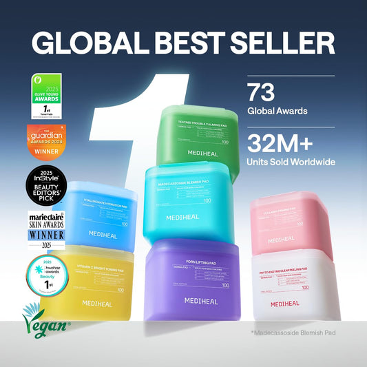 Mediheal pads applied on the face to promote even tone.