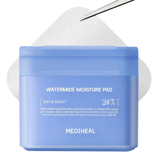 Mediheal Watermide toner pad packaging highlighting eco-friendly square pads for hydration.