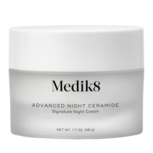 Medik8 Advanced Night Ceramide jar view shows overnight hydration for refreshed morning skin.