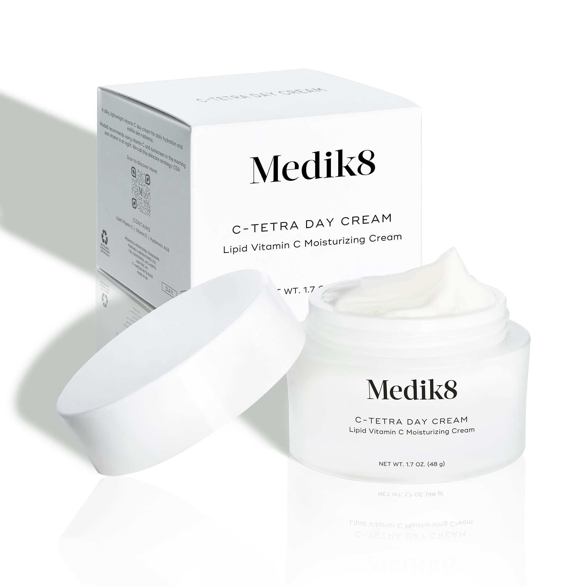 Medik8 C-Tetra Day Cream applied on skin supports a soft, hydrated complexion.