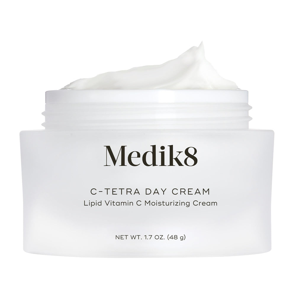 Medik8 C-Tetra Day Cream bottle closeup highlighting hydrating antioxidant protection.
