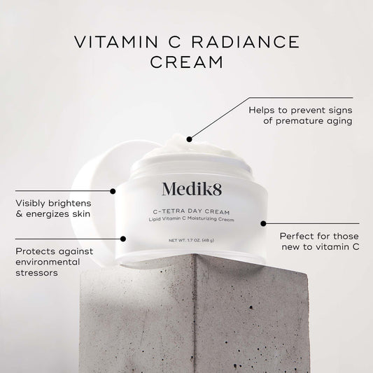 Medik8 C-Tetra Day Cream texture swirl shows a lightweight, fast absorbing daily moisturizer.