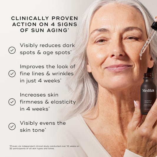 Medik8 Super C Ferulic texture close-up reveals silky serum consistency.