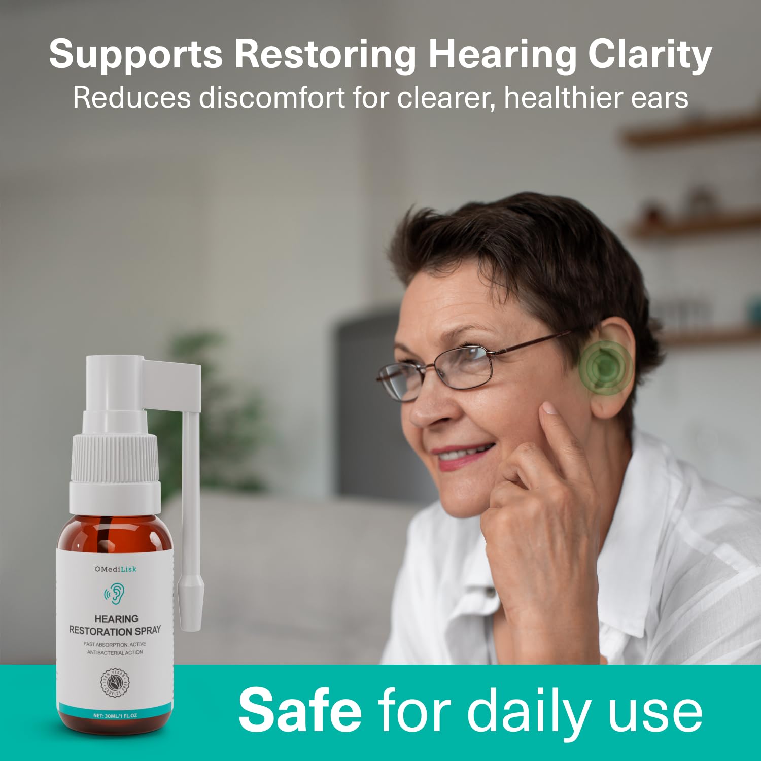 MediLisk spray application demonstrating easy, at-home ear care.