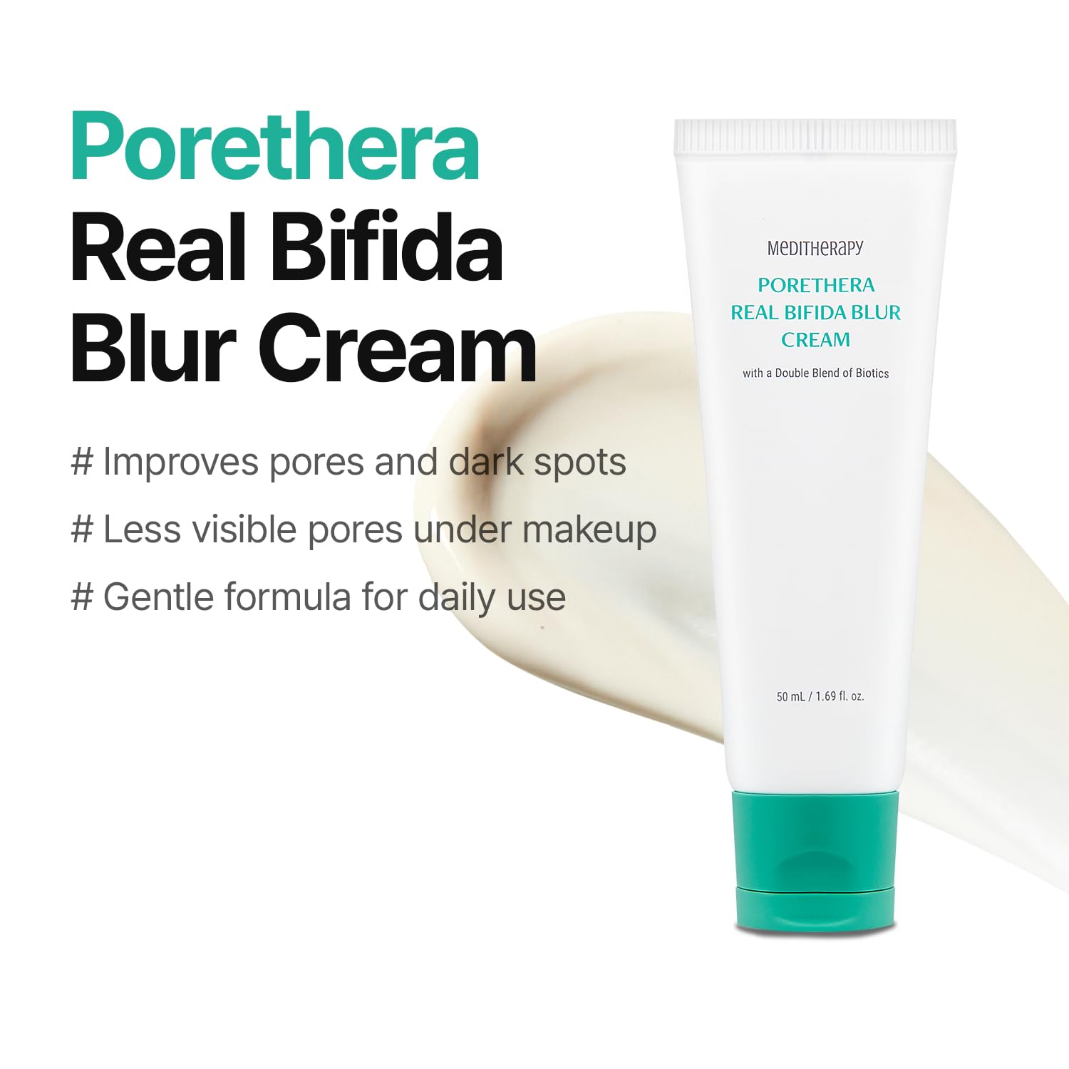 MEDITHERAPY Porethera cream texture swirl for creamy, lightweight finish.