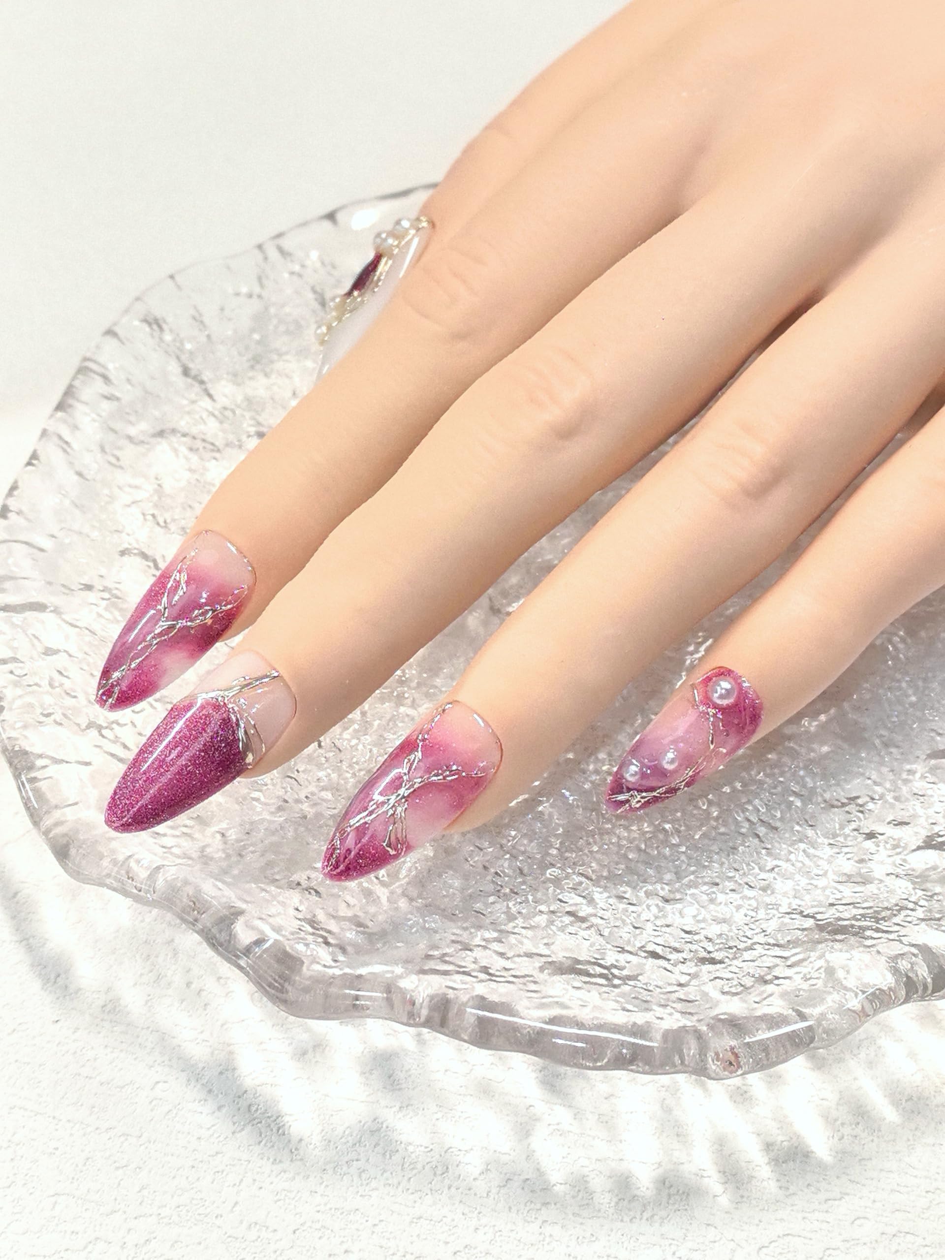 Medium almond pink and white press on nails with gradient and glitter for everyday style
