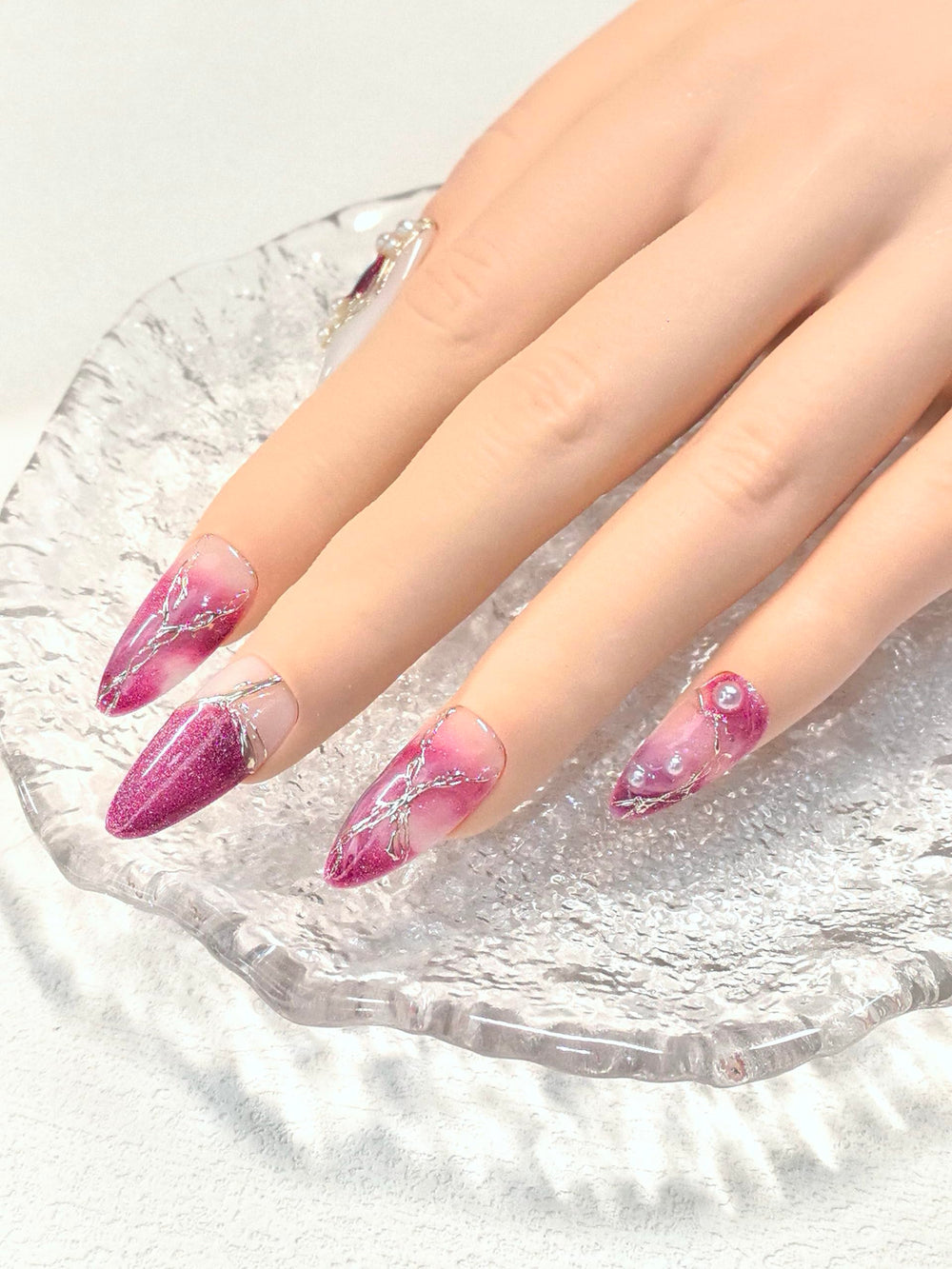 Medium almond pink and white press on nails with gradient and glitter for everyday style
