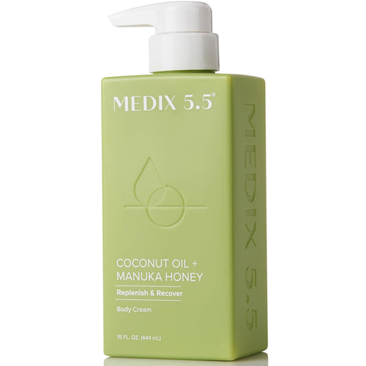 Medix 5.5 coconut-oil-manuka-honey body cream in a jar delivering rich hydration
