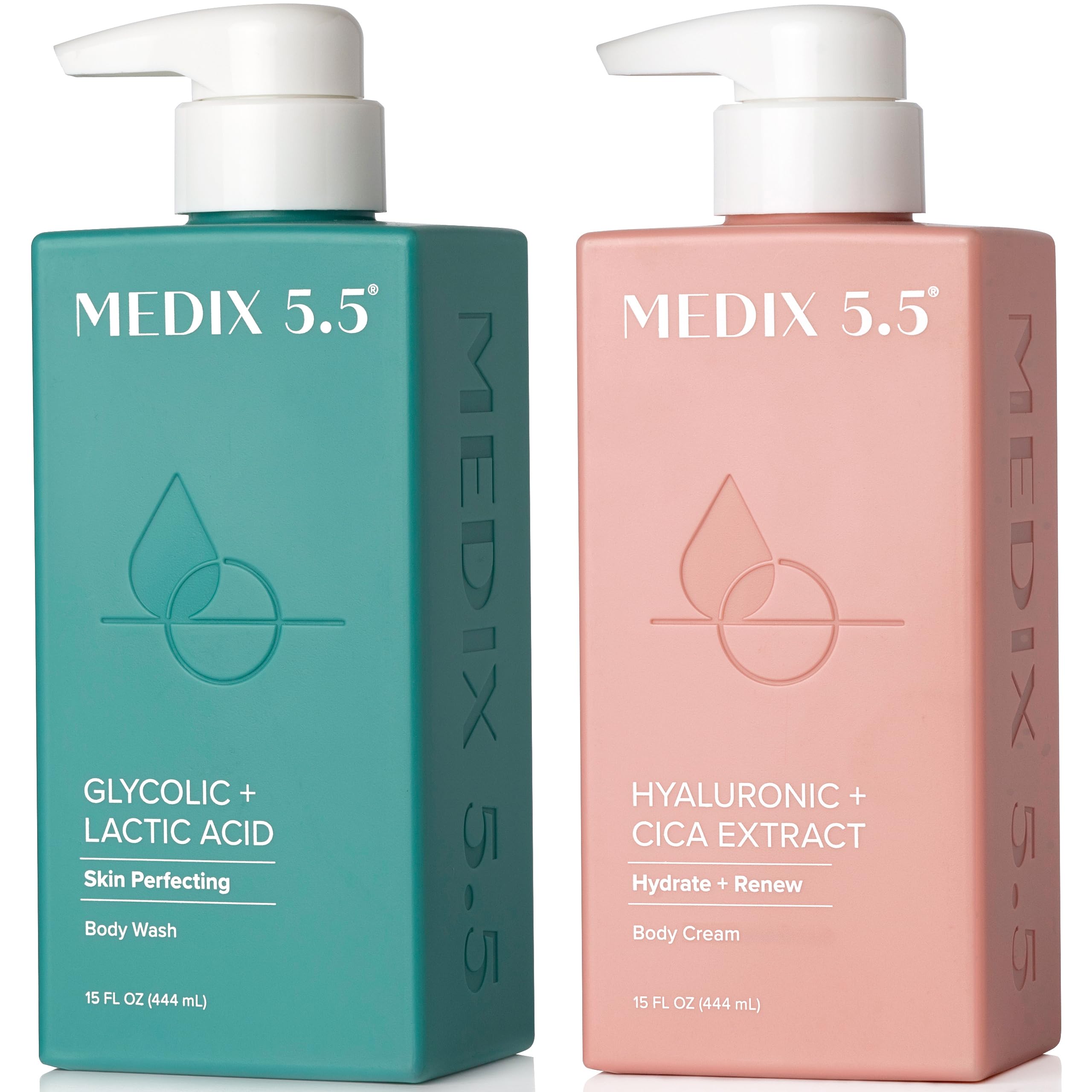 Medix 5.5 exfoliating face and body wash bottle with rich foam for smoother skin.