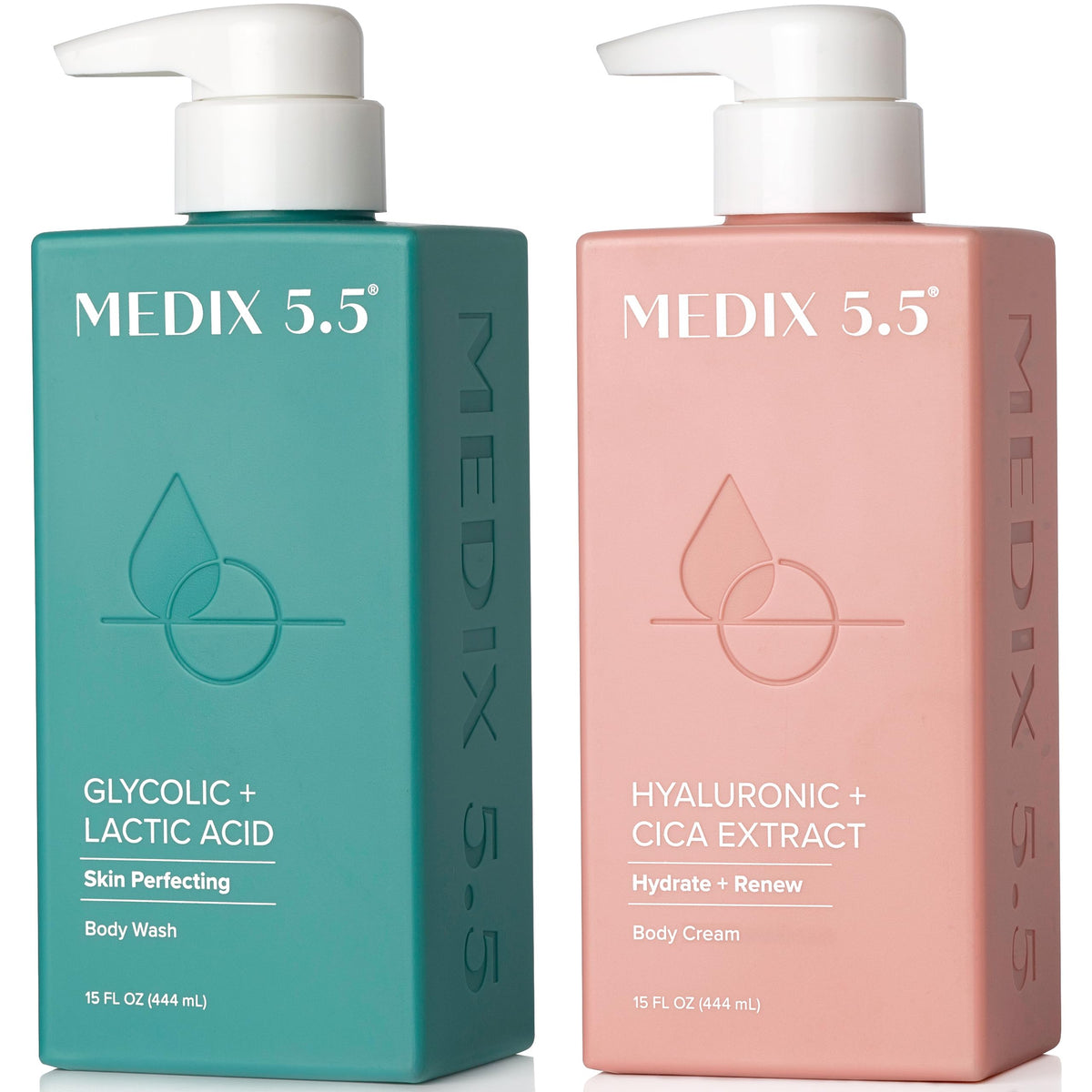 Medix 5.5 exfoliating face and body wash bottle with rich foam for smoother skin.