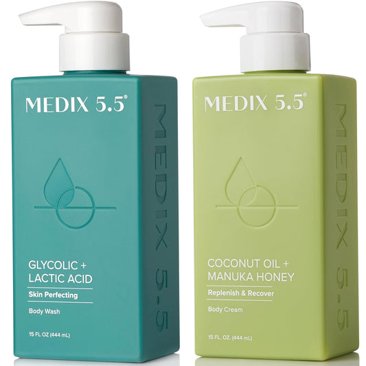 MEDIX 5.5 exfoliating glycolic body wash bottle for gentle exfoliation and smoother skin.