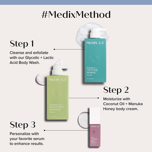 MEDIX 5.5 exfoliating glycolic face wash bottle for refreshed skin and clear pores.