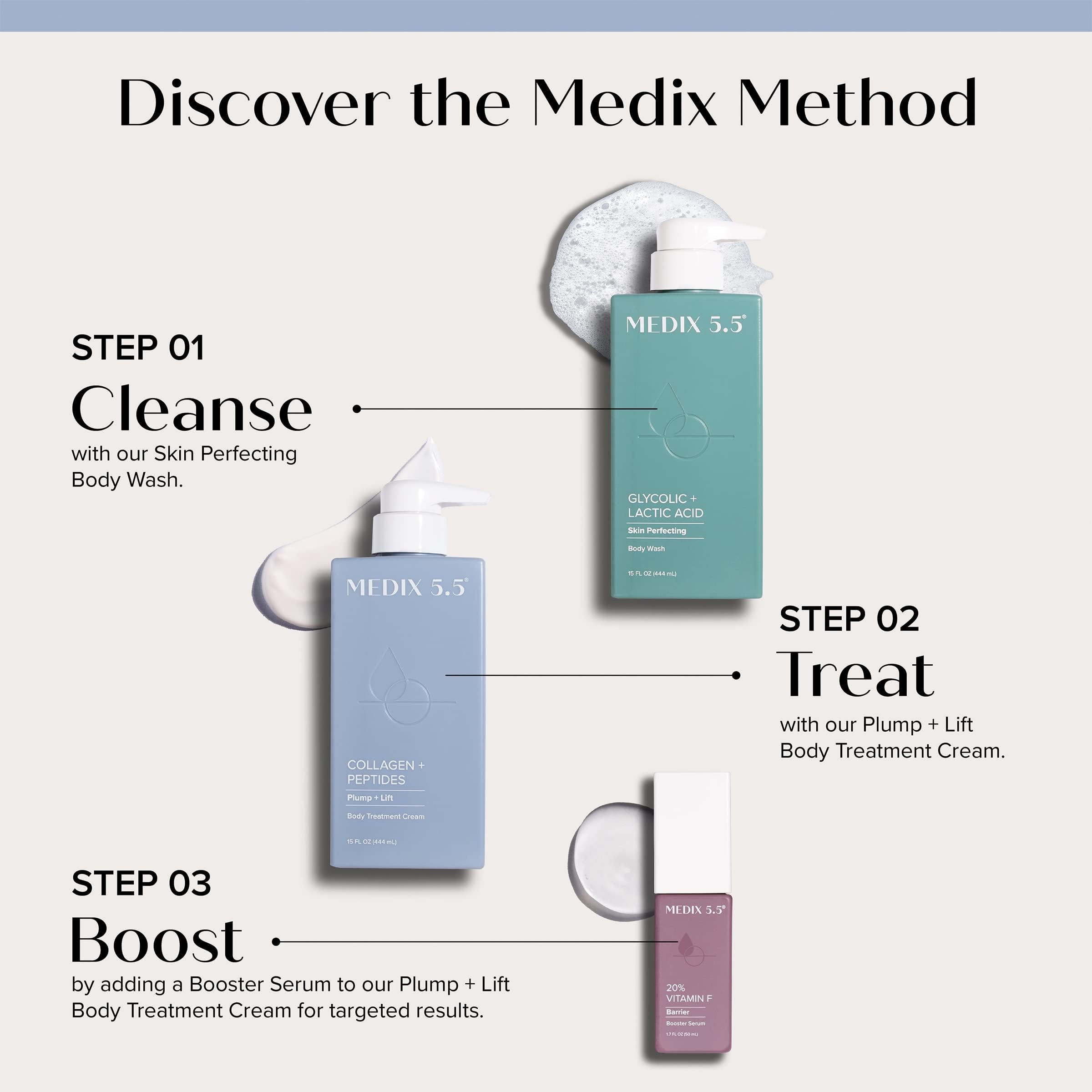 Medix 5.5 exfoliating body wash cleanses while targeting rough patches.