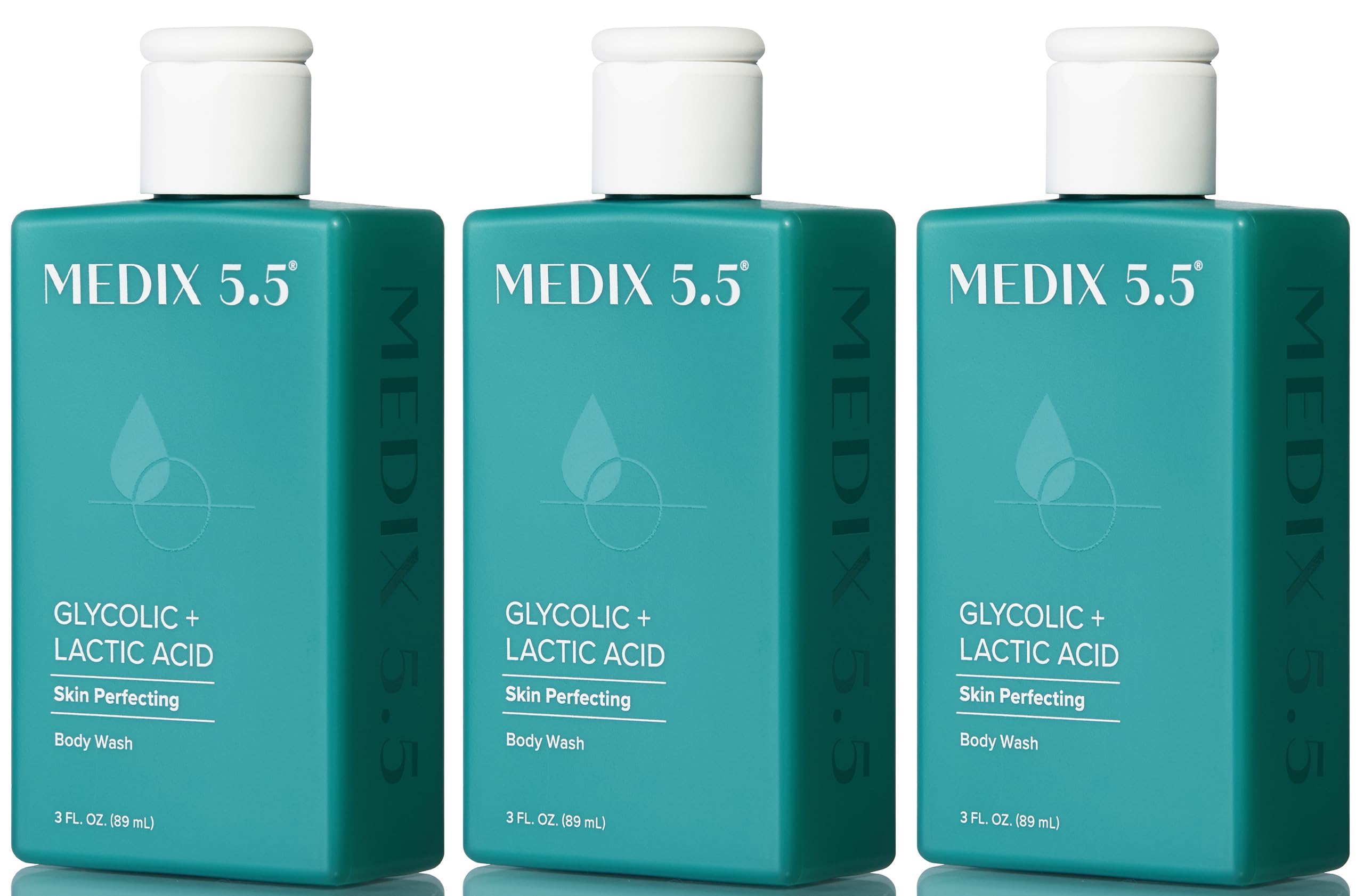 Medix 5.5 Glycolic Body Wash bottle with smooth lather for softer skin.