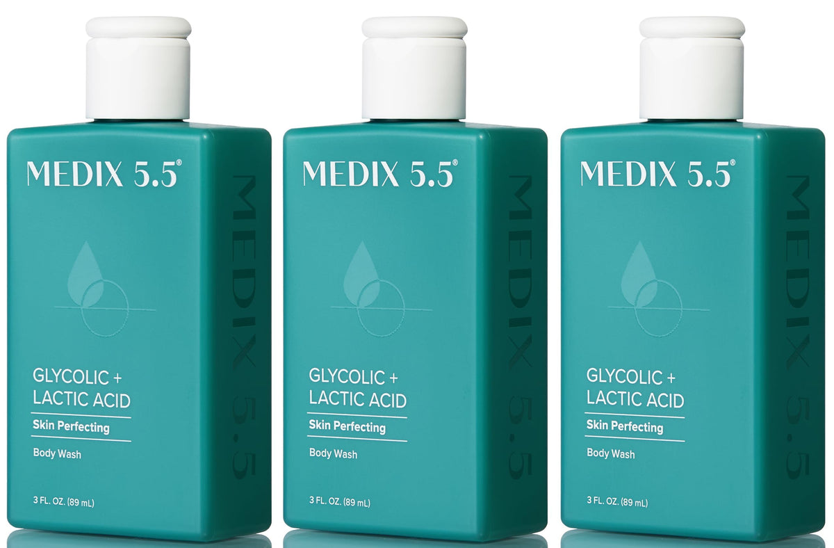 Medix 5.5 Glycolic Body Wash bottle with smooth lather for softer skin.