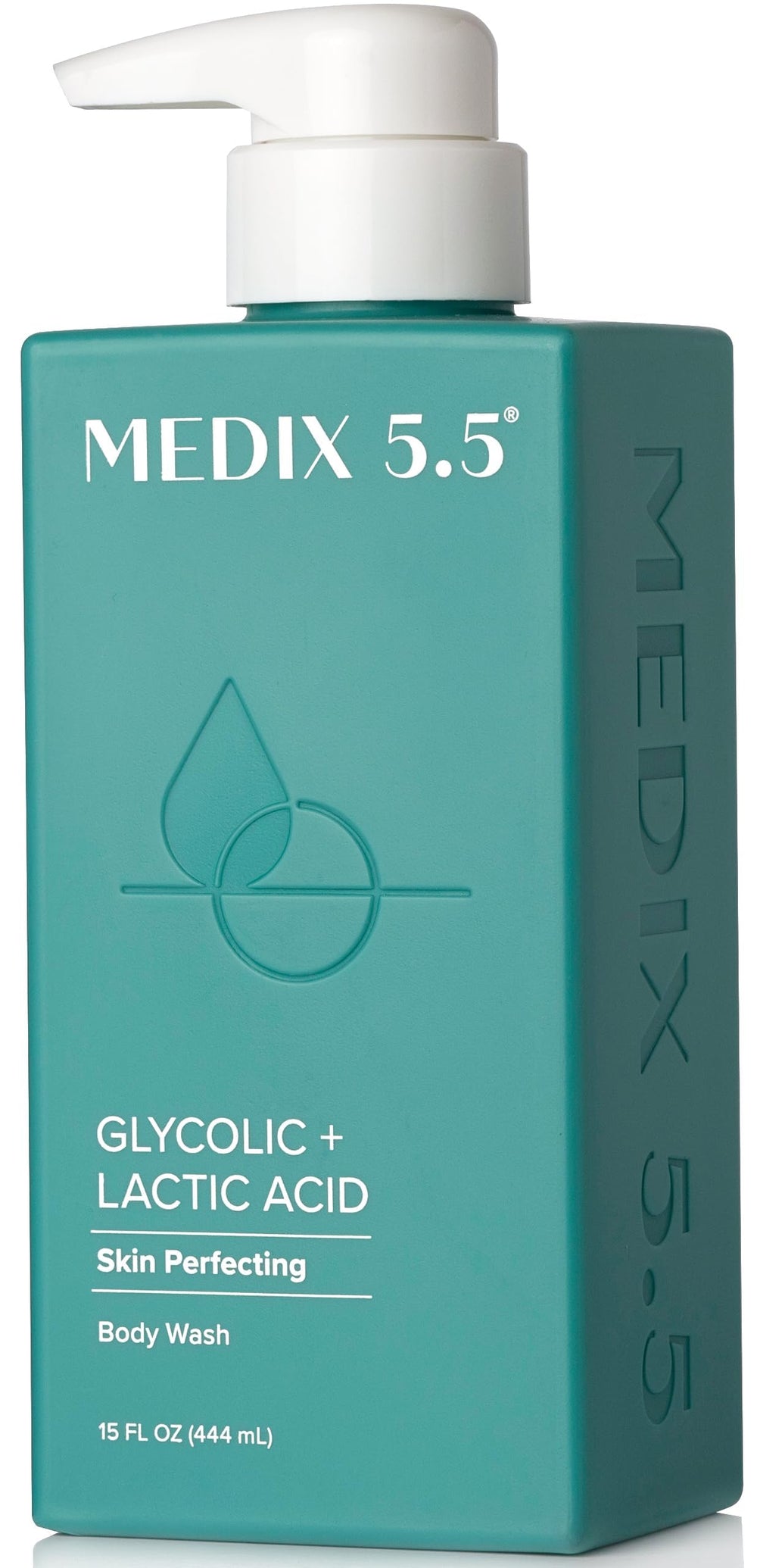 Medix 5.5 glycolic exfoliating body wash bottle shown, highlighting cleansing power for smoother skin.