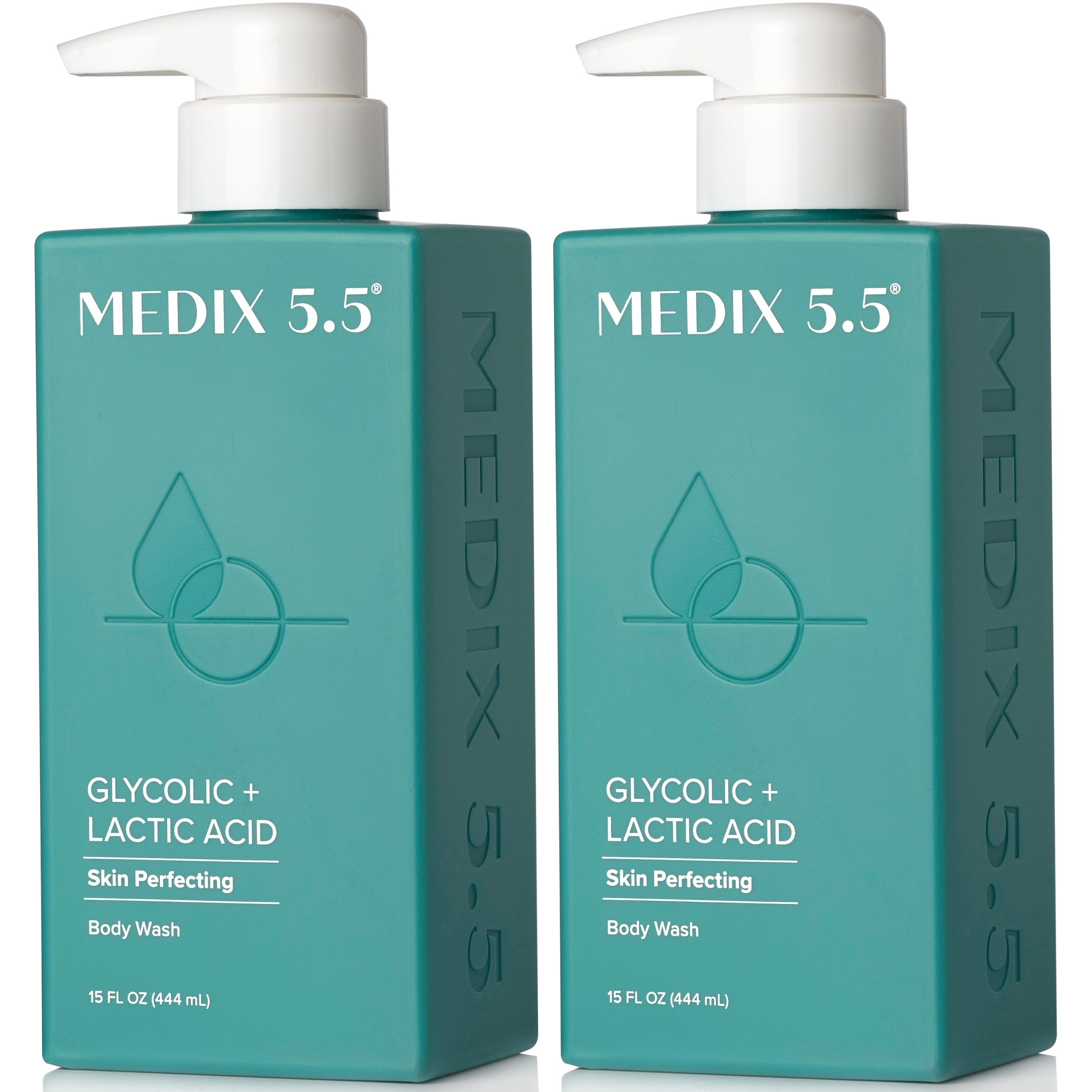 Medix 5.5 glycolic-lactic exfoliating body wash bottle in shower for gentle skin renewal.