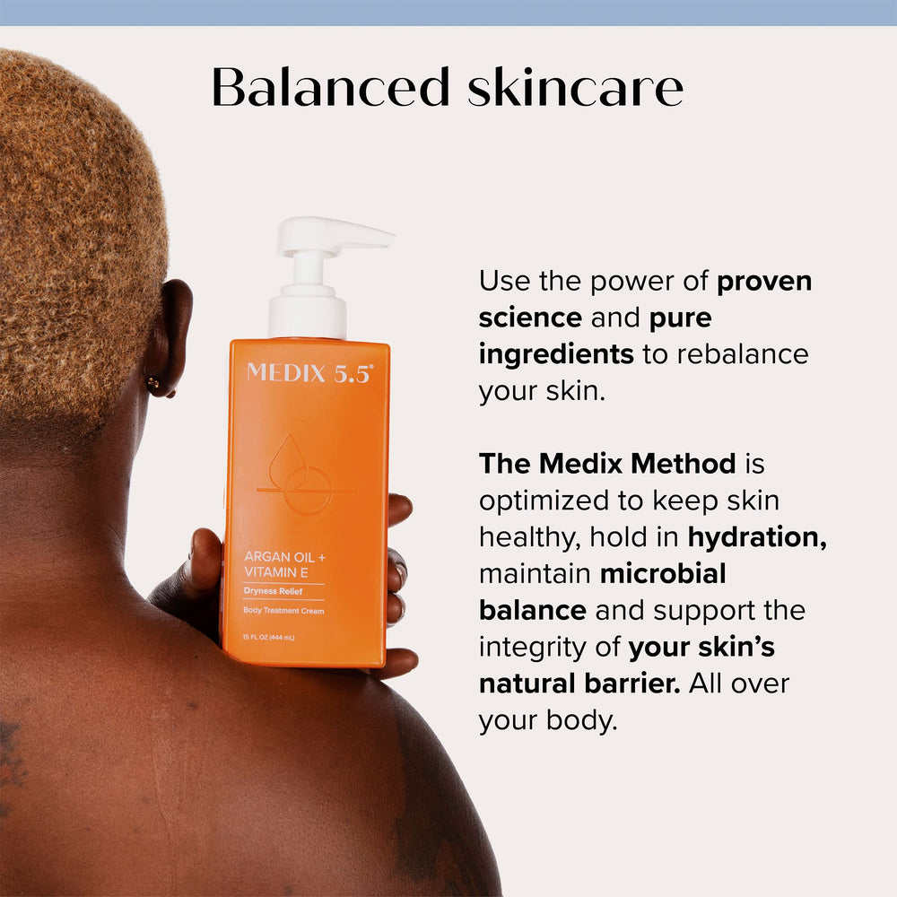 Lifestyle shot of morning routine with Medix 5.5 products for refreshed skin.