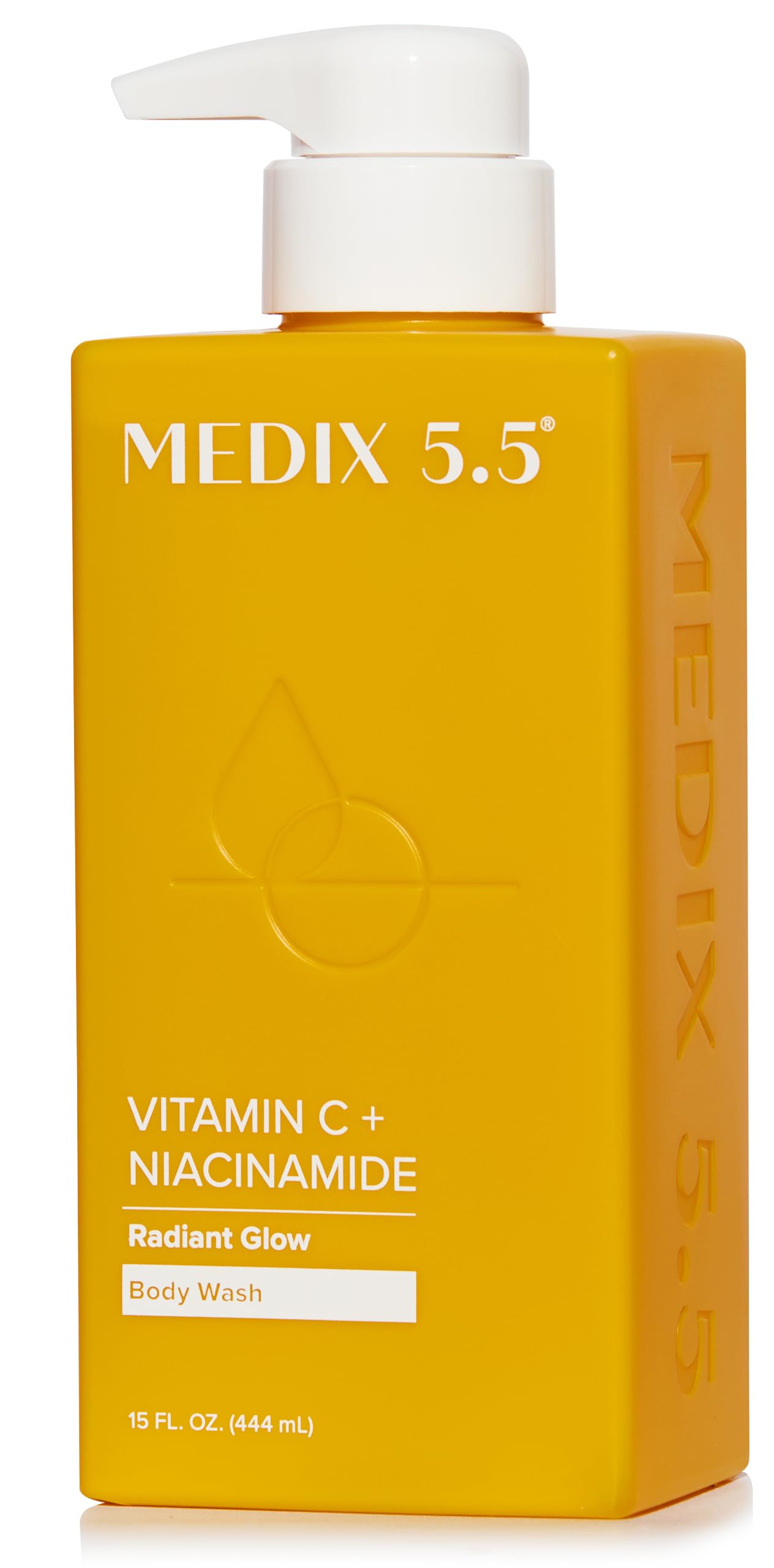 Medix 5.5 Radiant Glow vitamin C body wash bottle with a bright, refreshed skin after use