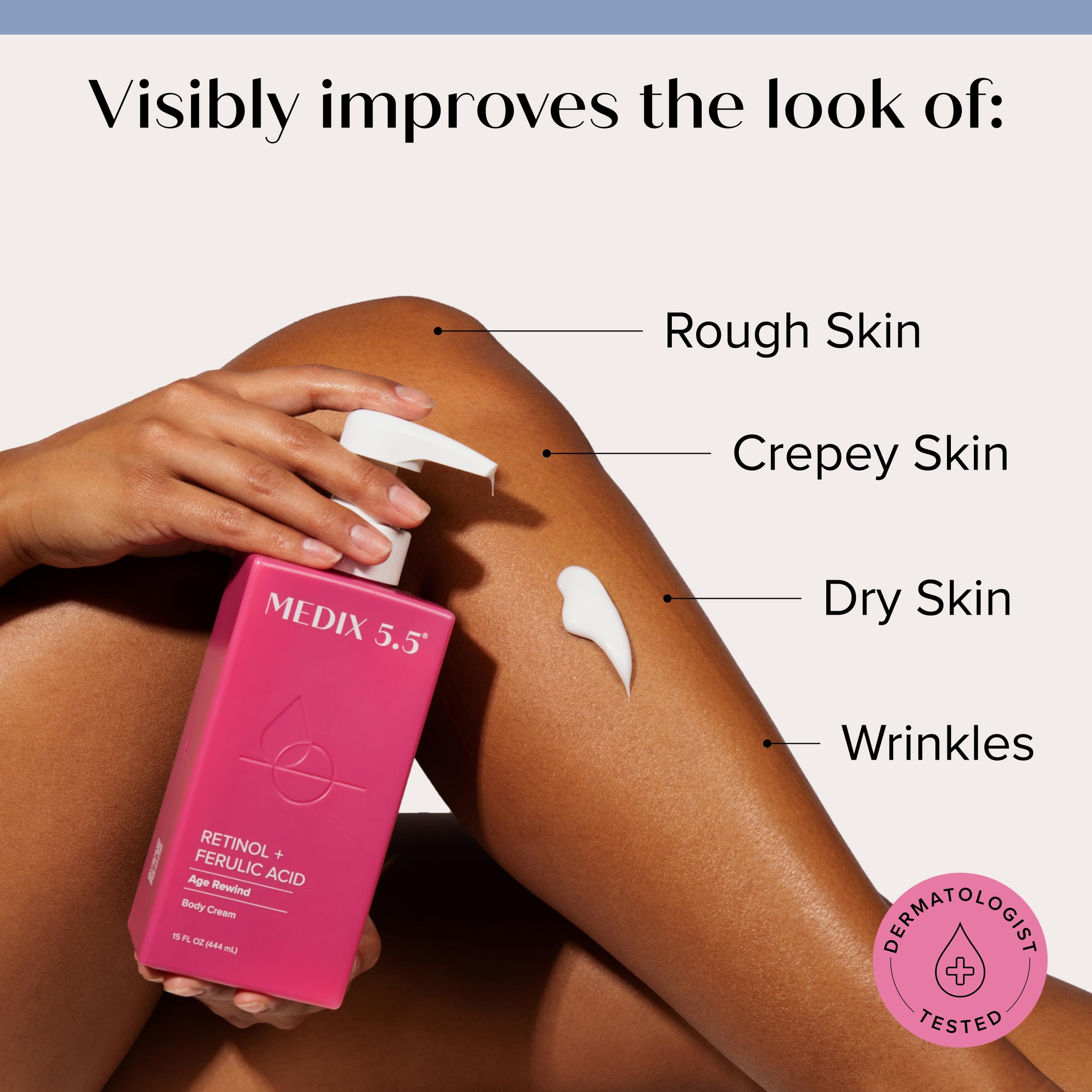Medix 5.5 Retinol Body Lotion cream texture closeup highlighting rich, non-greasy absorption.